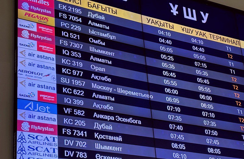 Flight board at Astana airport in Kazakhstan